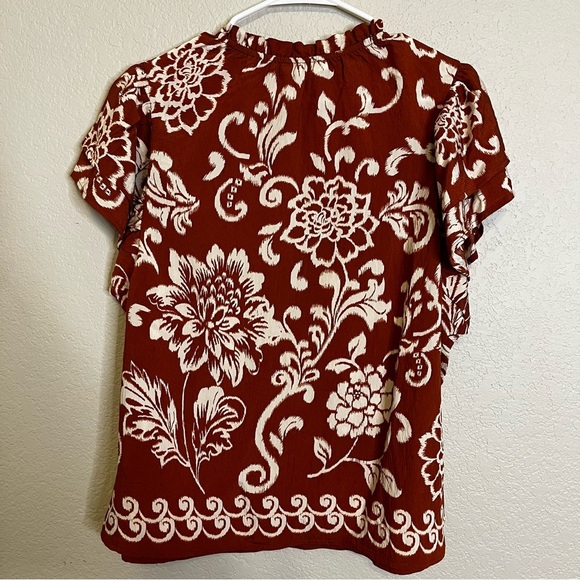 NWT Ces Femme Floral Ruffle Rust and Cream Short Sleeve Top Size Medium Feminine - Picture 10 of 11